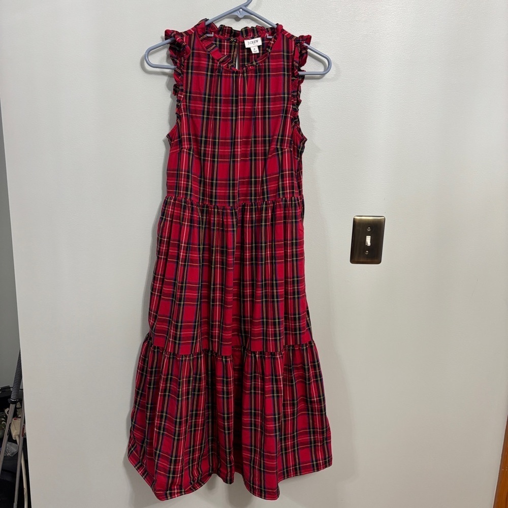 J. Crew red plaid sleeveless tired ruffled midi dress size 4